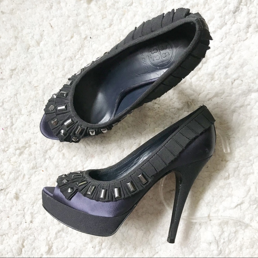 Tory Burch Erinn Navy Studded Gem Satin Peep Toe Pumps Size 6.5